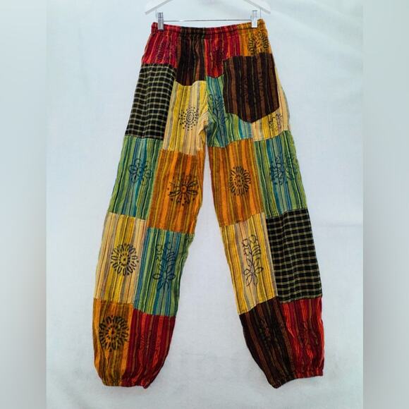 EUC Patchwork Cotton Boho Hippy Yoga Pants Wide Trousers Made in Nepal Medium - Picture 2 of 3